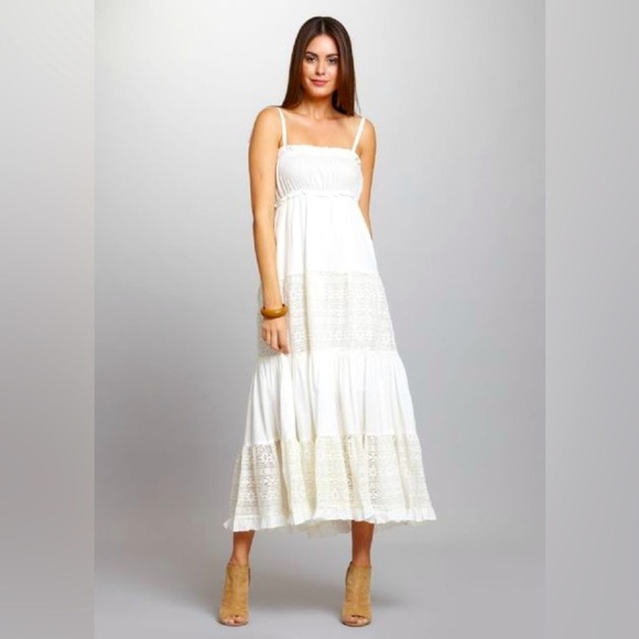 A'reve | Anthropologie Ivory Ruched Lace Maxi Summer Dress Size L NWOT - Picture 1 of 4